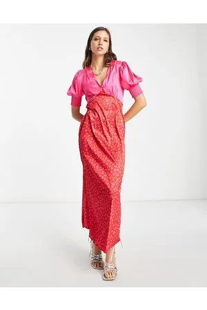 Never Fully Dressed Puff sleeve contrast maxi dress in pink and
