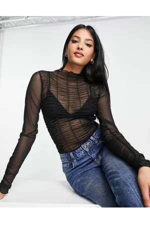 Topshop Textured mesh long sleeve ruched funnel neck top in