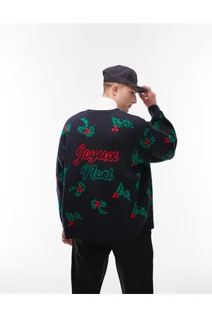 Topman Knitted Christmas cardigan with all over holly joyeux noel in