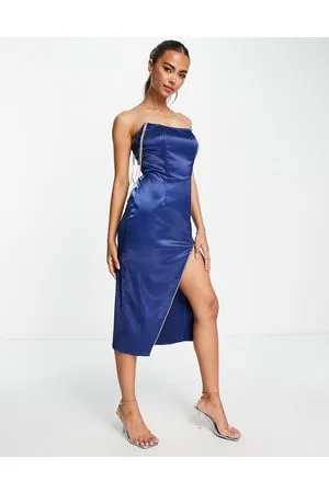 Band of Stars Premium satin diamante trim thigh spilt midi dress in