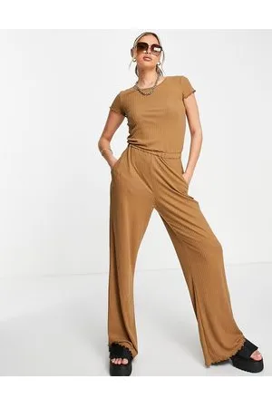 Urban classics Wide leg rib jumpsuit in camel