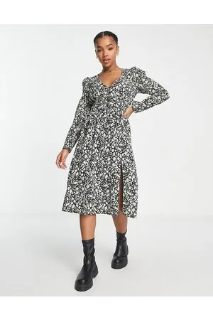 Monki Long sleeve midi tea dress in dark based floral