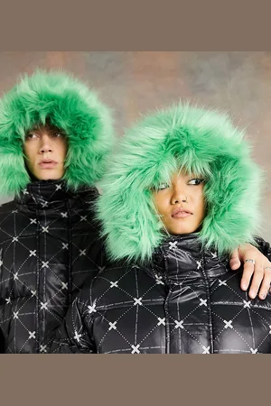 COLLUSION Unisex longline printed puffer coat with faux fur hood