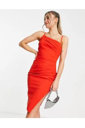 Lavish Alice Pleat detail thigh split midi dress in coral