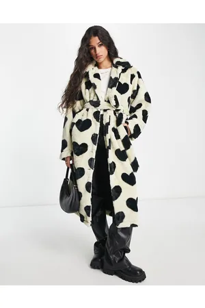 Pieces Longline faux fur coat in black & white heart print