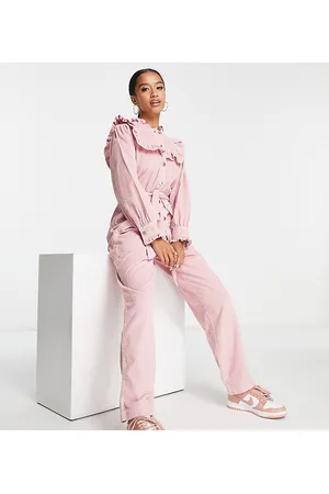 Miss Selfridge Petite cordroy bib frill belted jumpsuit in pale