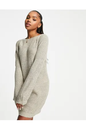 JDY Wide neck knitted mini jumper dress in beige