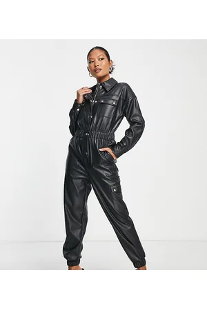 Miss Selfridge Petite shirred waist faux leather jumpsuit in