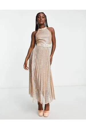 Style Cheat High neck pleated metallic midaxi dress in rust