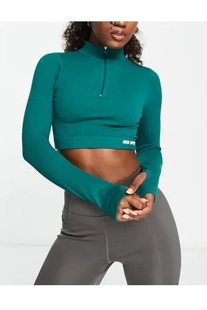 Urban Threads Seamless high neck long sleeve sports crop top with zip front in forest
