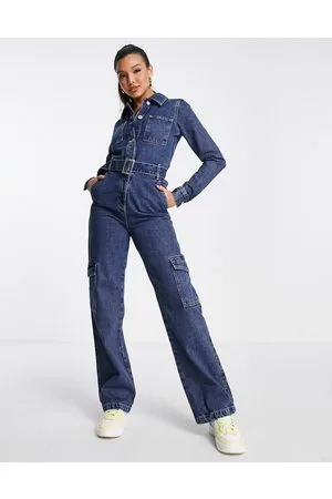 Miss Selfridge Denim cargo boiler suit in dark wash