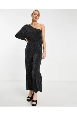Monki One shoulder glitter jumpsuit in black