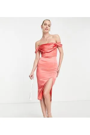 First Distraction First Distraction the label Tall satin midi dress with split in coral