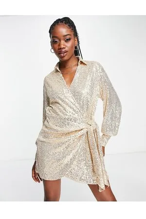 Style Cheat Wrap tie sequin shirt dress in champagne