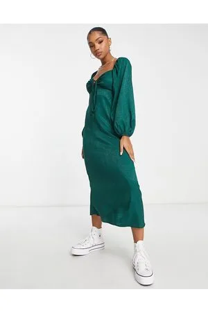New Look Long sleeve corset jacquard midi dress in dark