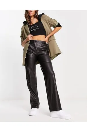 Pull&Bear Faux leather contrast stitching mid waist straight leg trouser co-ord in