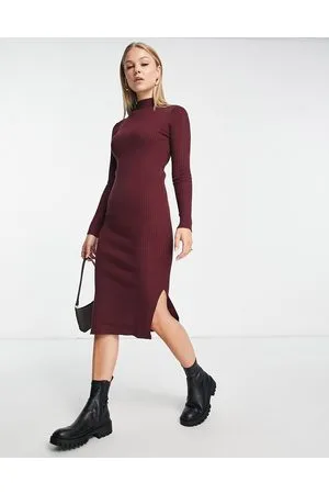 New Look Knitted ribbed dress in burgundy