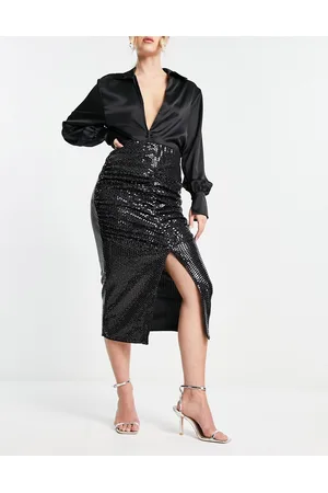 SELECTED Femme ruched front sequin midi skirt in