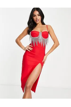Band of Stars Premium bengaline midi dress with tassel bra trim in