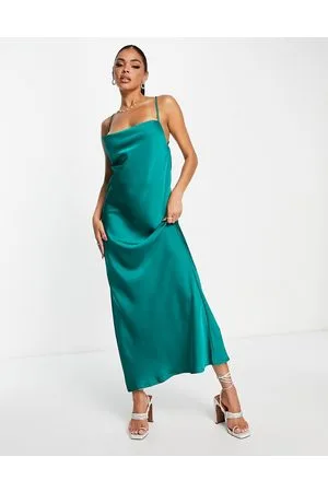 Kaiia Satin cowl front strappy back maxi dress in emerald