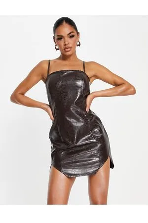 Kaiia Leather look square neck mini dress in chocolate