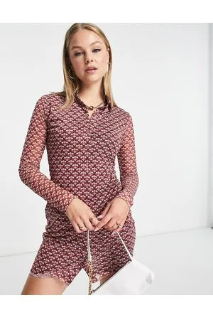 Pimkie Mesh long sleeve button down polo detail mini dress in