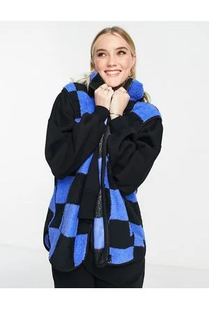 Monki Fleece vest in black and blue checkerboard