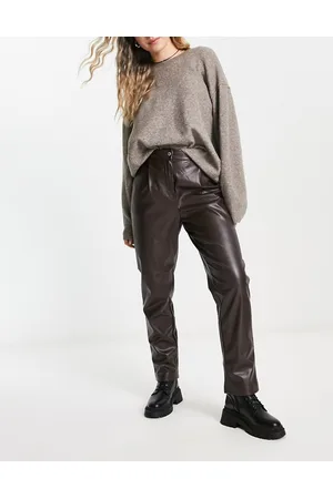 ONLY Faux leather straight leg trousers in chocolate