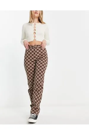 ONLY High waisted straight leg trousers in brown checkerboard