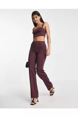 ASOS Co-ord scuba fitted straight leg trouser with pintucks in burgundy