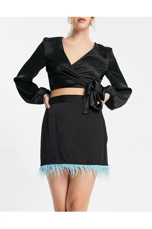 Pieces Exclusive faux feather trim satin mini skirt co-ord in