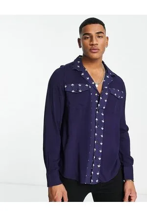 Devils Advocate Long sleeve contrast panel and pocket shirt in navy