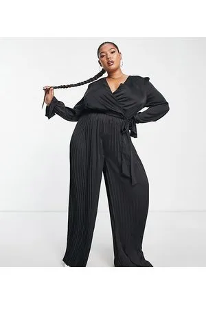 In The Style Exclusive satin wrap detail pleated wide leg jumpsuit with belt in