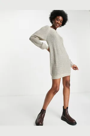 JDY Wide neck knitted mini jumper dress in beige