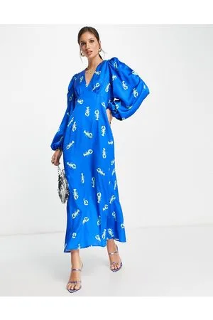 Never Fully Dressed Exclusive balloon sleeve lobster midaxi dress in cobalt