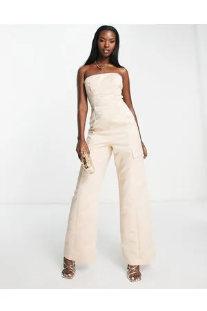 ASOS Structured satin cargo jumpsuit in ivory
