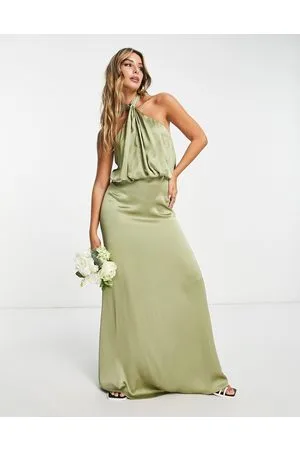 Pretty Lavish Bridesmaid Sammie halter neck satin maxi dress in soft olive