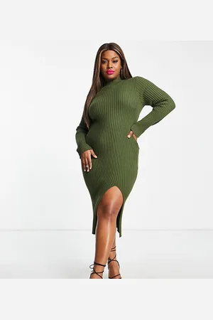 In The Style X Perrie Sian knitted high neck twist open back midi dress in olive