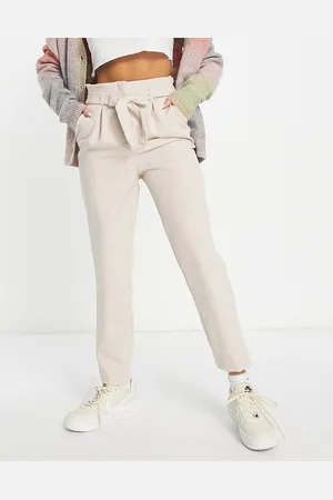 New Look Paperbag tie waist straight leg trousers in stone