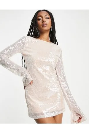 KYÒ The Brand sequin high neck flare sleeve mini dress in taupe