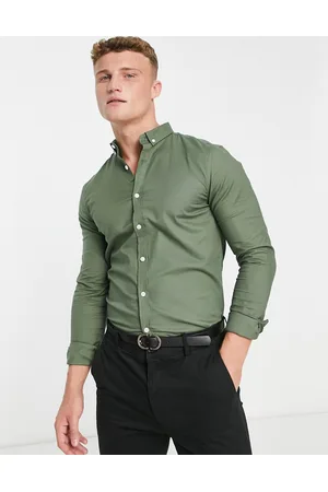 New Look Long sleeve muscle fit oxford shirt in dark khaki