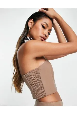 Something New X Naomi Anwer tube crop top co-ord in beige
