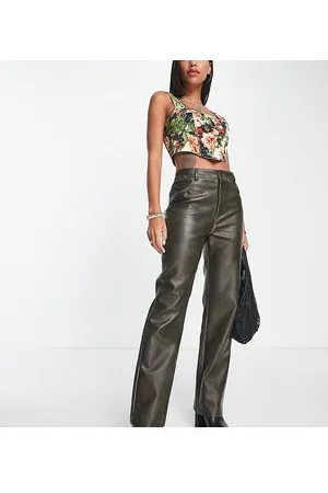 COLLUSION Straight leg washed faux leather trouser in khaki