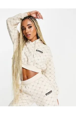 Ellesse Coffee pack monogram cropped hoodie with branding in tan