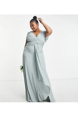 TFNC Bridesmaid flutter sleeve ruffle detail maxi dress in sage