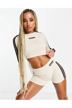 Ellesse Coffee pack long sleeve crop top with logo in ecru