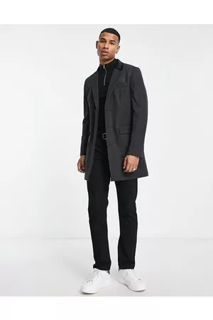 French Connection Single breasted overcoat with velvet collar in charcoal
