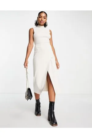Morgan Asymmetric sleeveless midi dress in stone