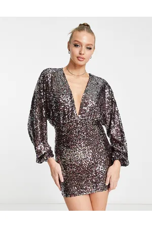 Pull&Bear Long sleeved plunge neck sequin mini dress in multicolour