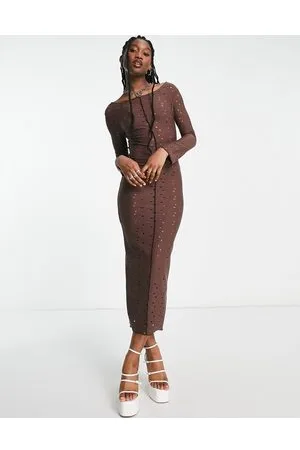COLLUSION Hole detail long sleeve maxi dress in chocolate